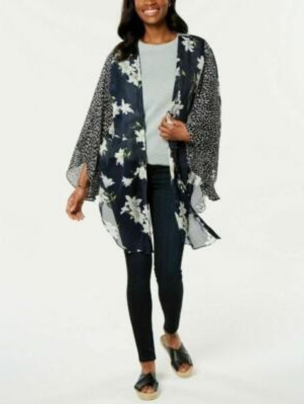 Cejon Black Sheer Floral Kimono with Polka Dot Sleeves
